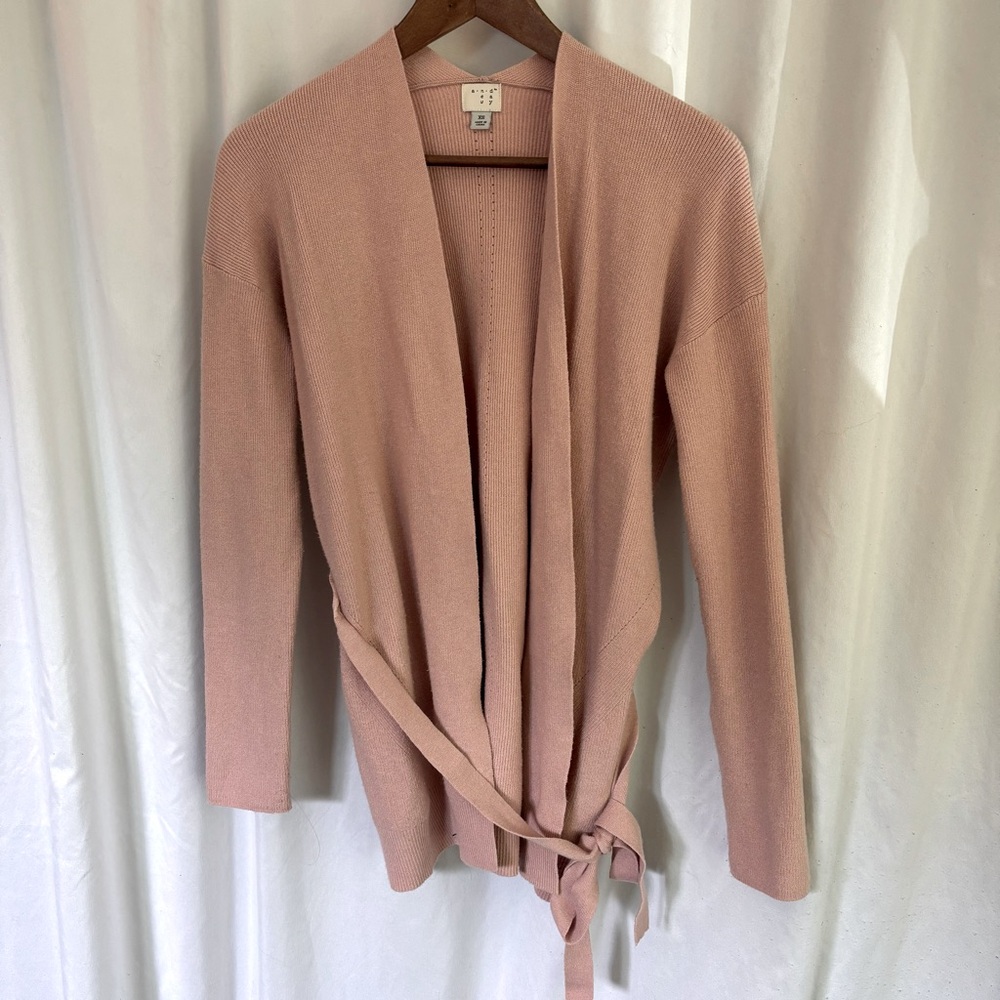 Light Pink Open-Front Belted Cardigan Sweater